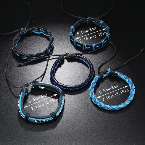 5 Pcs Men's PU Leather Hand Woven Multi-Layer Braided Blue Wristband Bracelets